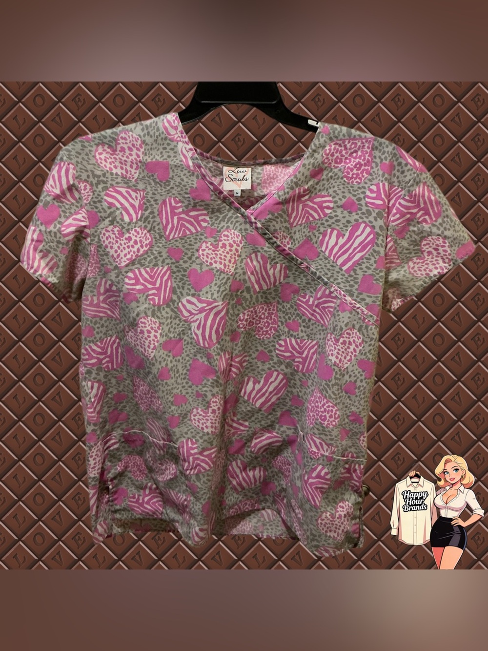 Love Scrubs Gray & Pink Hearts Scrub Top Size Medium
